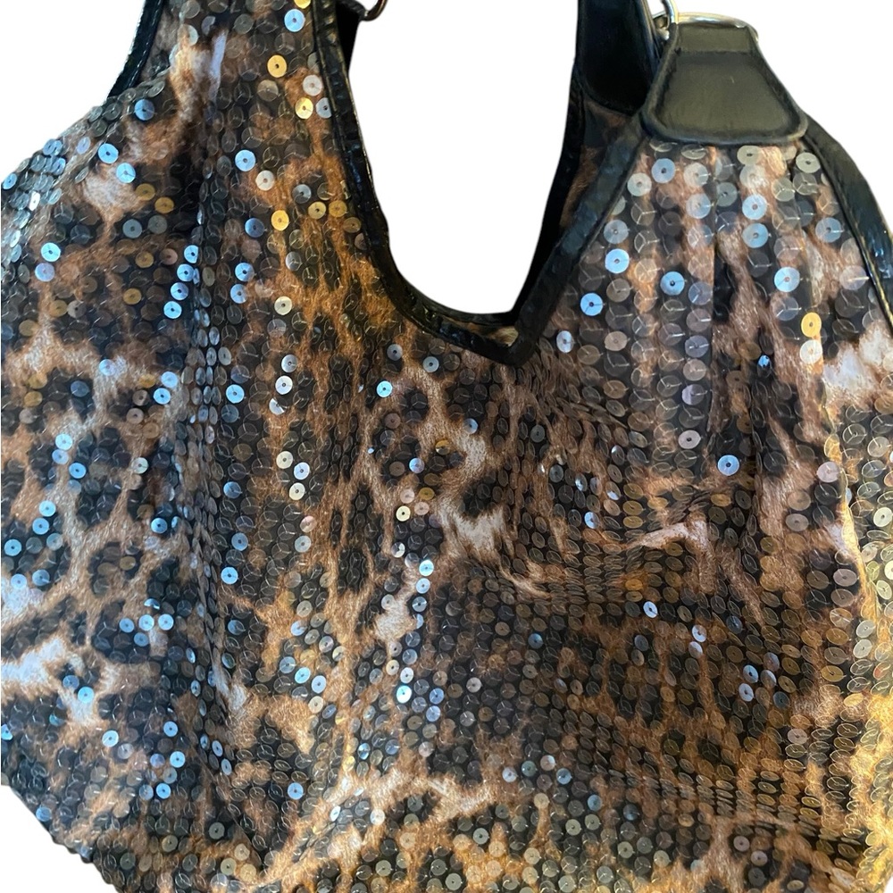 Leopard Print Women's tote XL y2k shoulder bag sequin’s side heavy chain straps - Picture 4 of 12